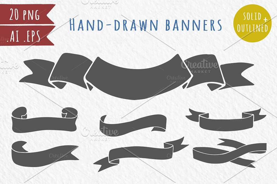 20 hand-drawn ribbons, banners