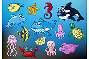 Cartoon funny sea animals characters