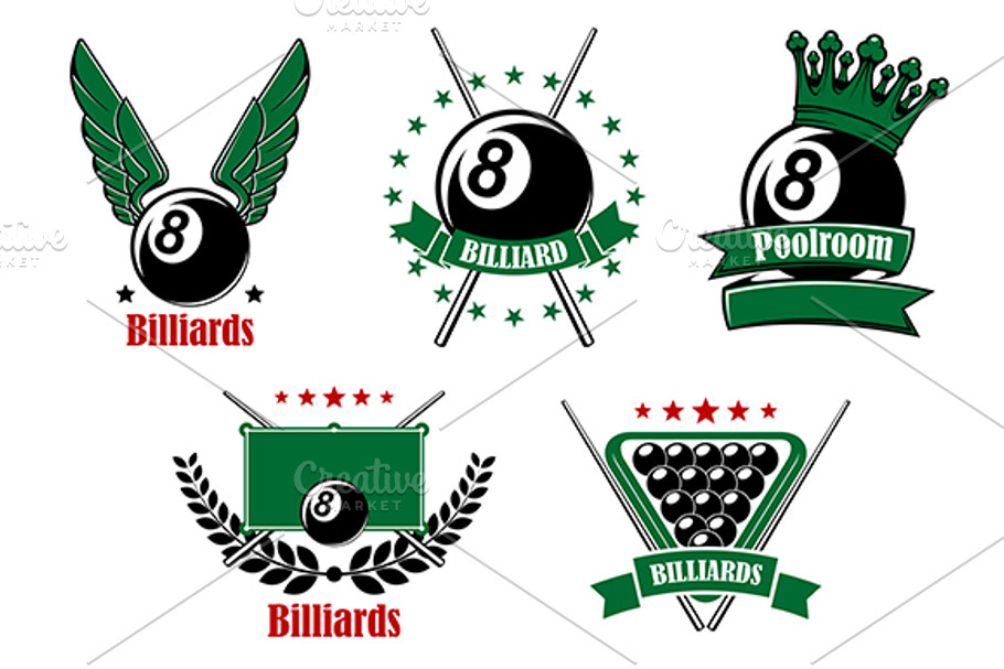 Billiards and pool emblems with cues in Icons - product preview 8