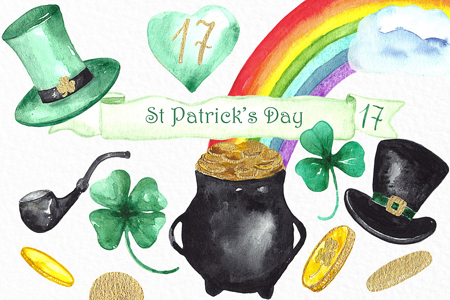 St Patrick's day. Watercolor clipart in Illustrations - product preview 8