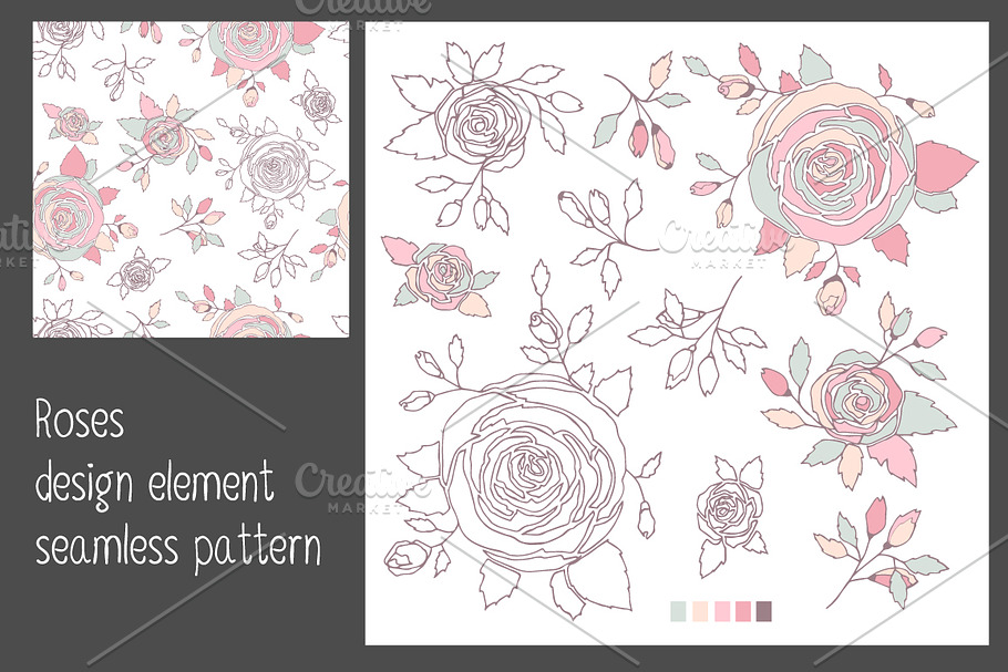 Roses, elements, seamless pattern.