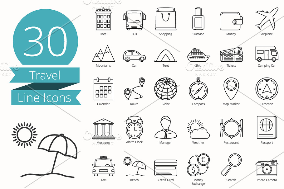 30 Travel Line Icons in Travel Icons - product preview 8