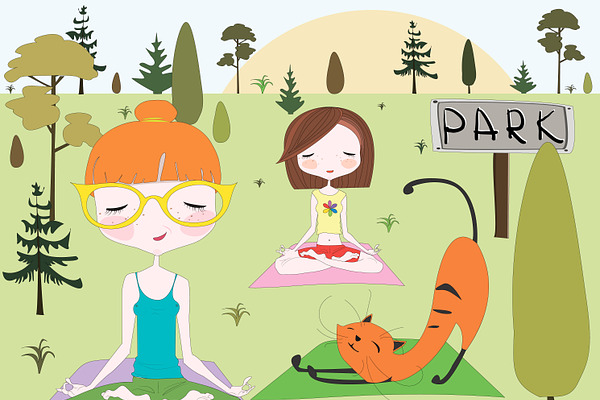 Girls and a cat making yoga in park