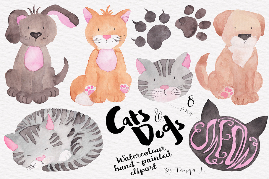 Cats Dogs Hand-painted Watercolour 