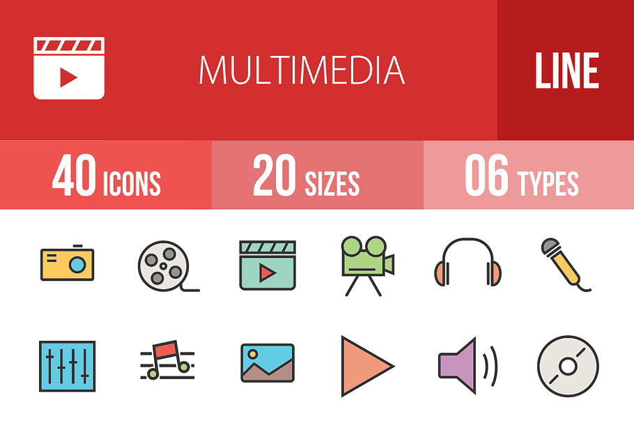 40 Multimedia Line Filled Icons in Graphics - product preview 8