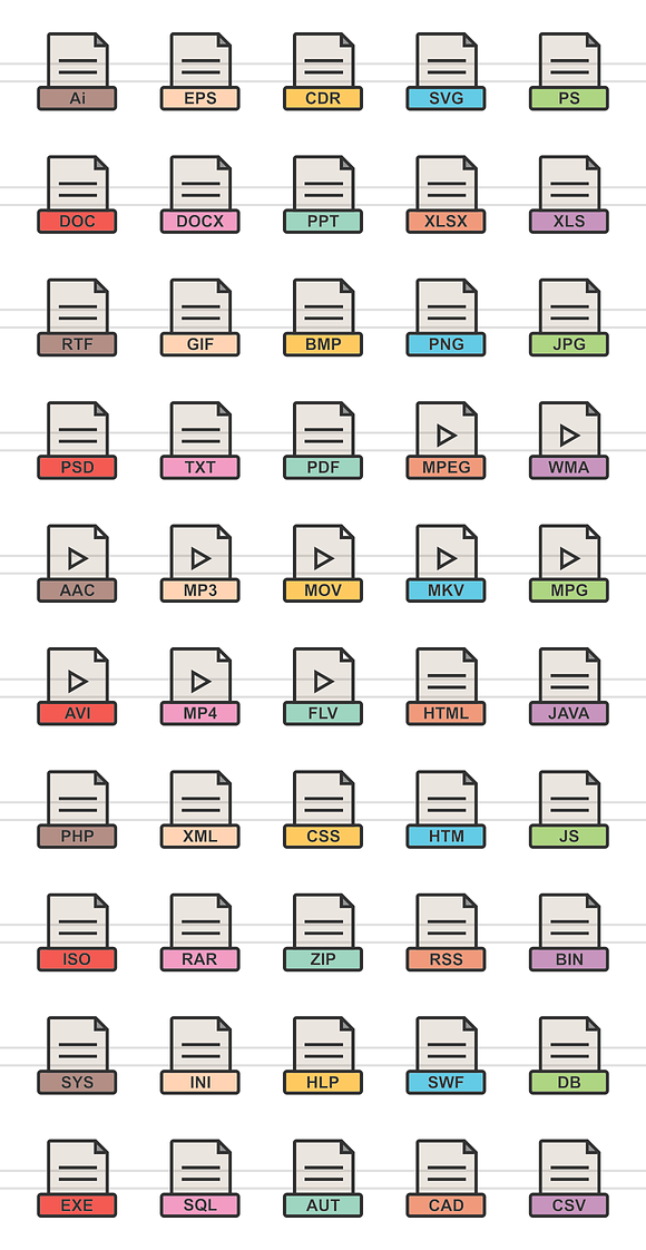 50 File Formats Line Filled Icons in Icons - product preview 1