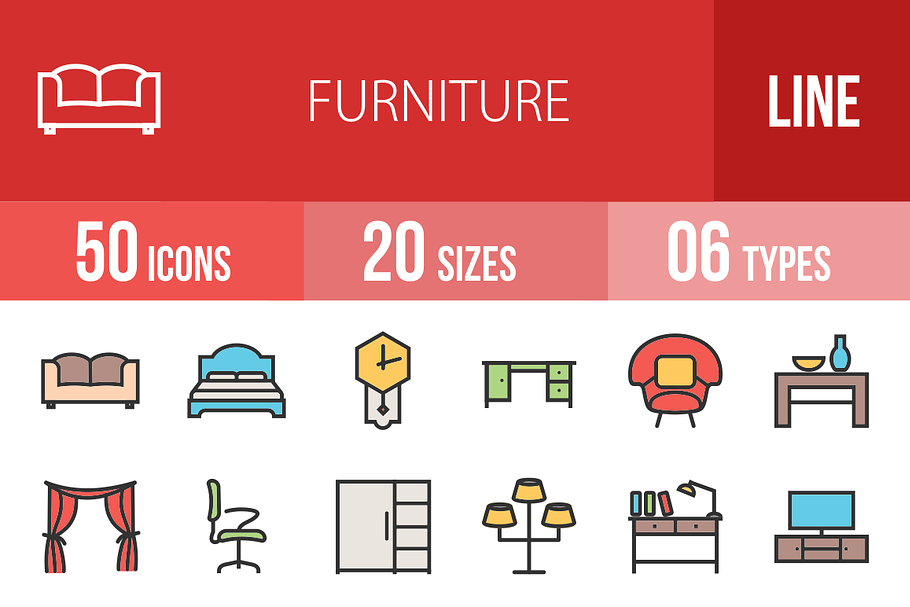 50 Furniture Line Filled Icons in Graphics - product preview 8