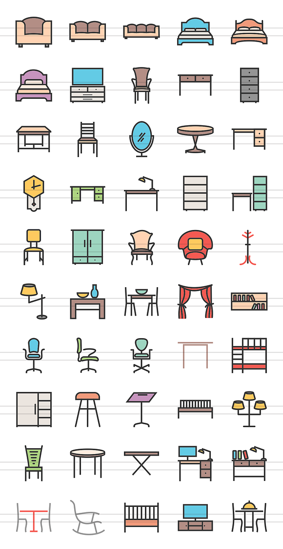 50 Furniture Line Filled Icons in Graphics - product preview 1