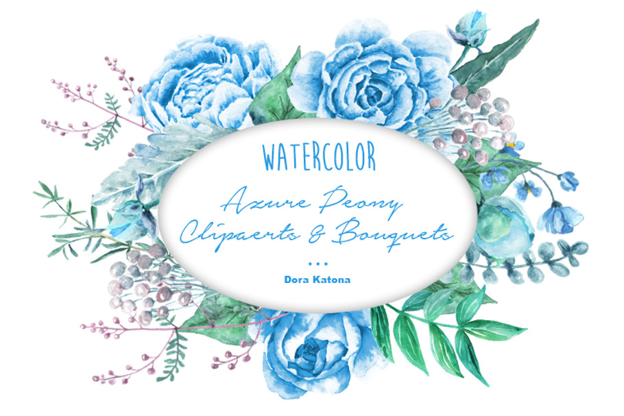 Watercolor Azure Blue Peony Clipart