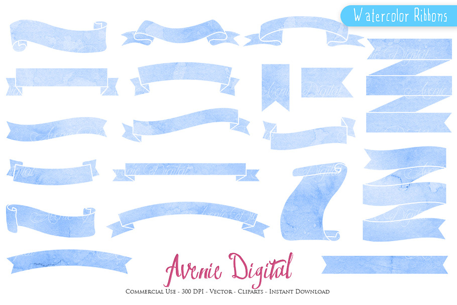 Blue Watercolor Ribbon Banners in Objects - product preview 8