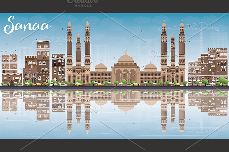 Sanaa Yemen Skyline with Landmarks in Illustrations - product preview 8