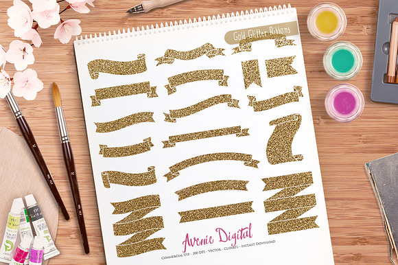 Gold Glitter Ribbon Banners in Objects - product preview 1