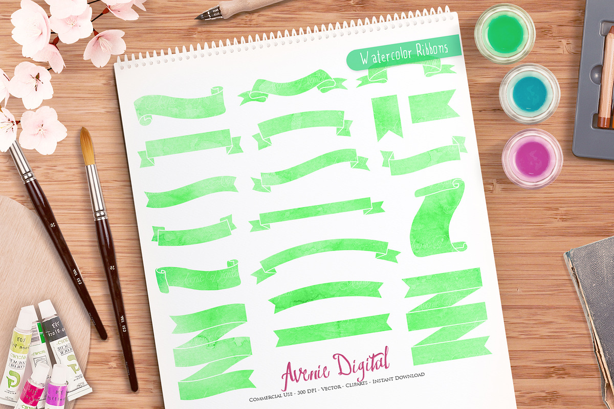 Green Watercolor Ribbon Banner in Objects - product preview 8