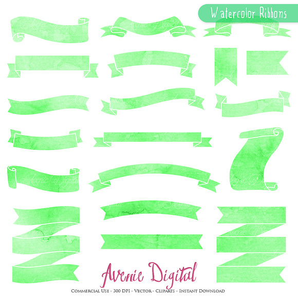 Green Watercolor Ribbon Banner in Objects - product preview 1