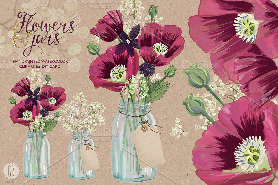 Watercolor burgundy poppies in a jar in Illustrations - product preview 8