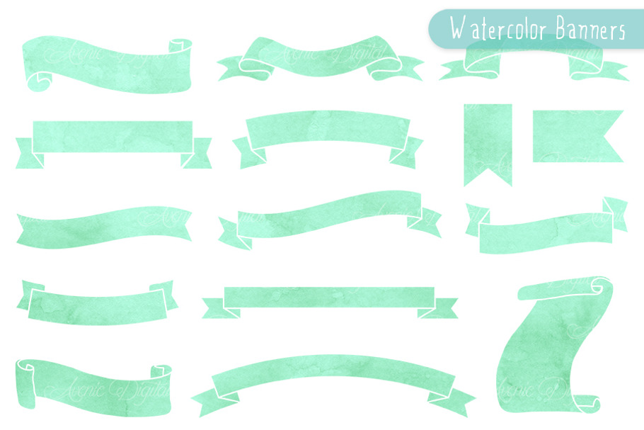 Mint Watercolor Ribbon Banners in Objects - product preview 8