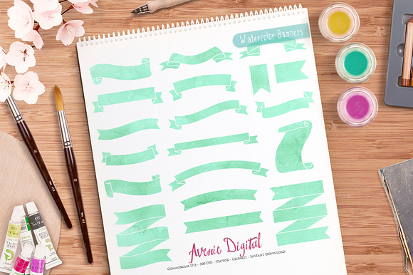 Mint Watercolor Ribbon Banners in Objects - product preview 1