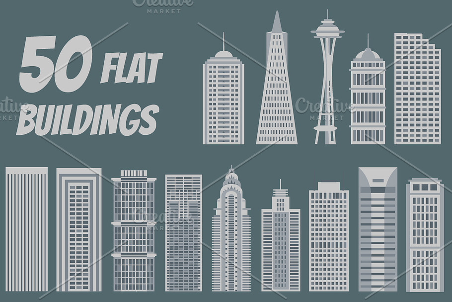 50 vector buildings in flat style