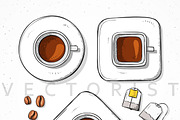 Isolated set cups, coffee bean, tea