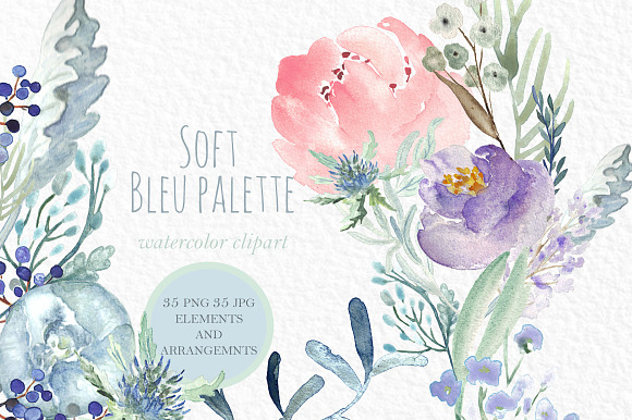 Soft Blue Peonies Watercolor clipart in Illustrations - product preview 2