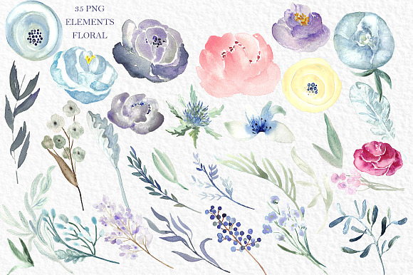 Soft Blue Peonies Watercolor clipart in Illustrations - product preview 3