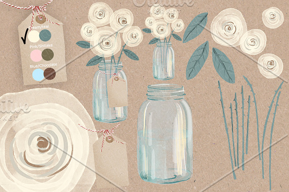 Watercolor cream roses mason jar in Illustrations - product preview 2