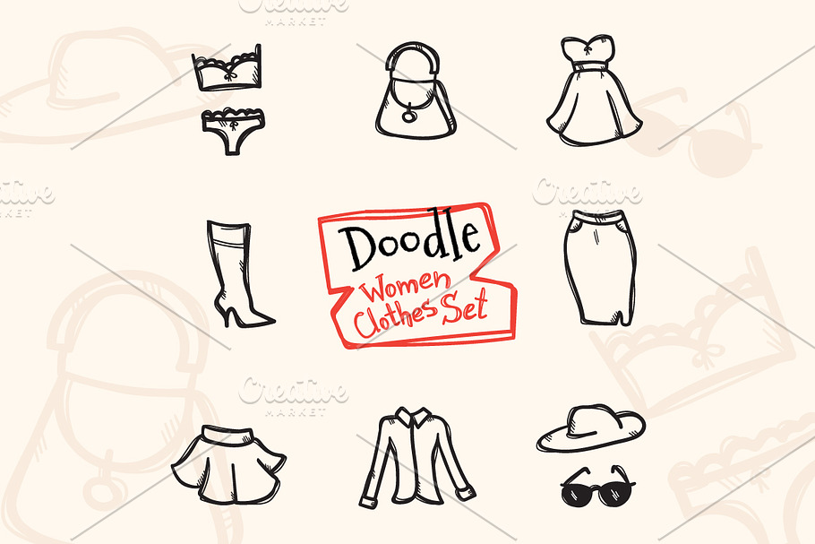 8 Doodle Icons. Women Clothes