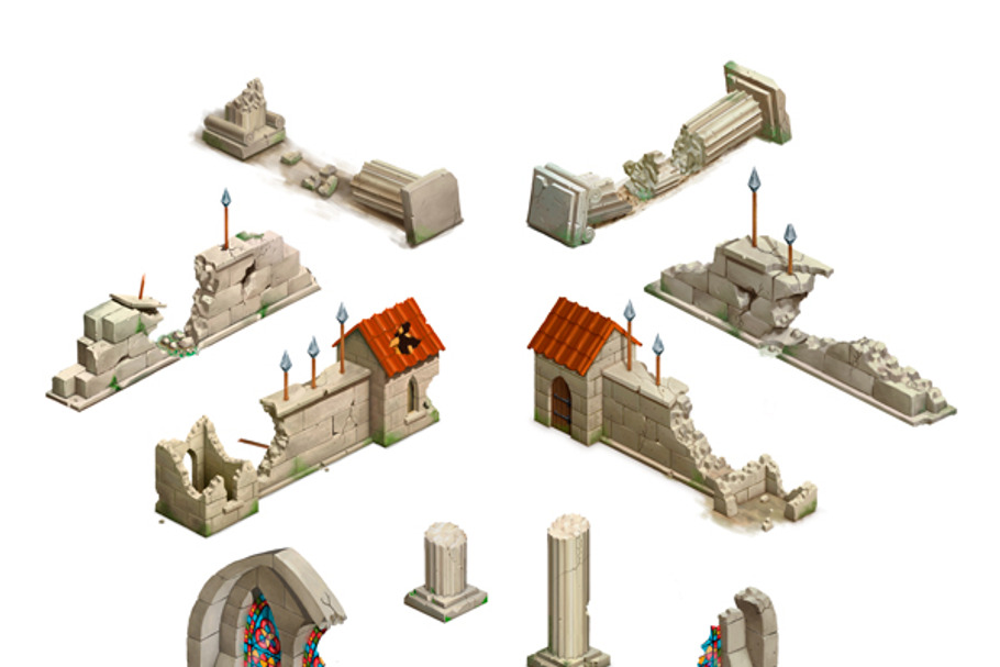 Set of medieval isometric buildings