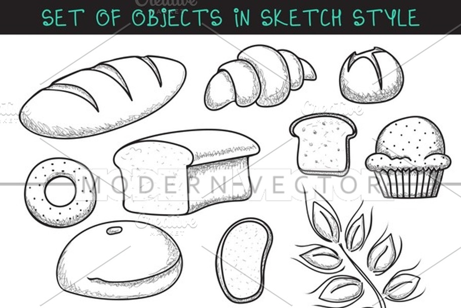Set 10 doodle breads in sketch in Objects - product preview 8