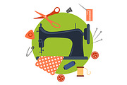 Flat sewing icons and machine