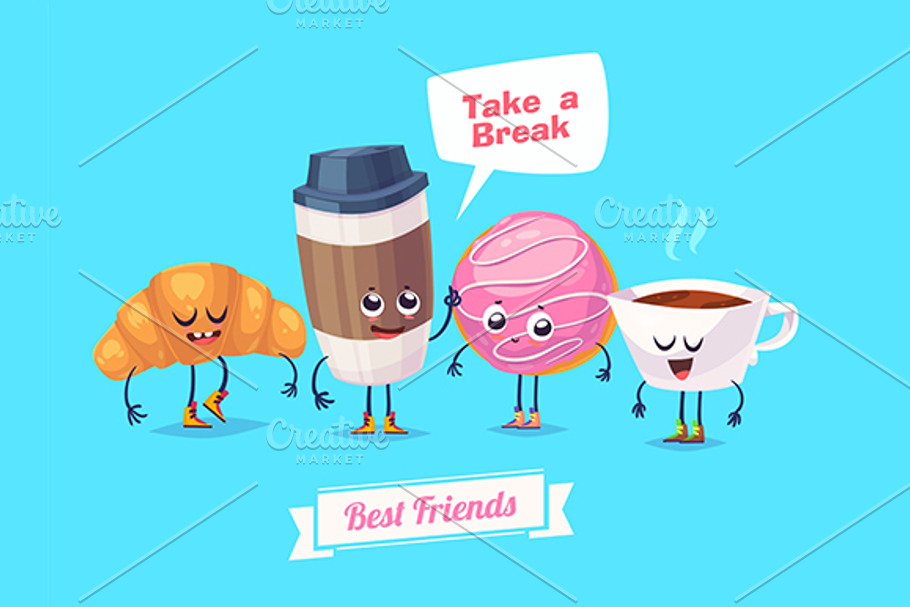 Funny characters croissant donut tea in Illustrations - product preview 8
