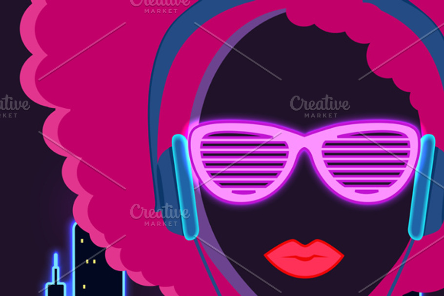 Disco 80s. Girl with Headphones in Illustrations - product preview 8