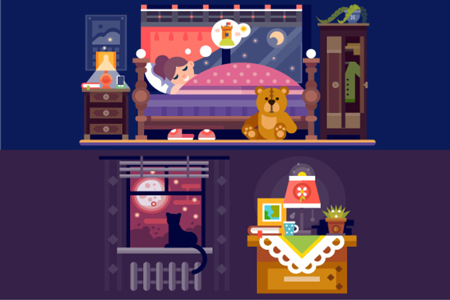 Dreaming Girl In Cozy Bedroom.  in Illustrations - product preview 8