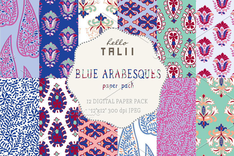 Blue Arabesques Digital Paper in Patterns - product preview 8